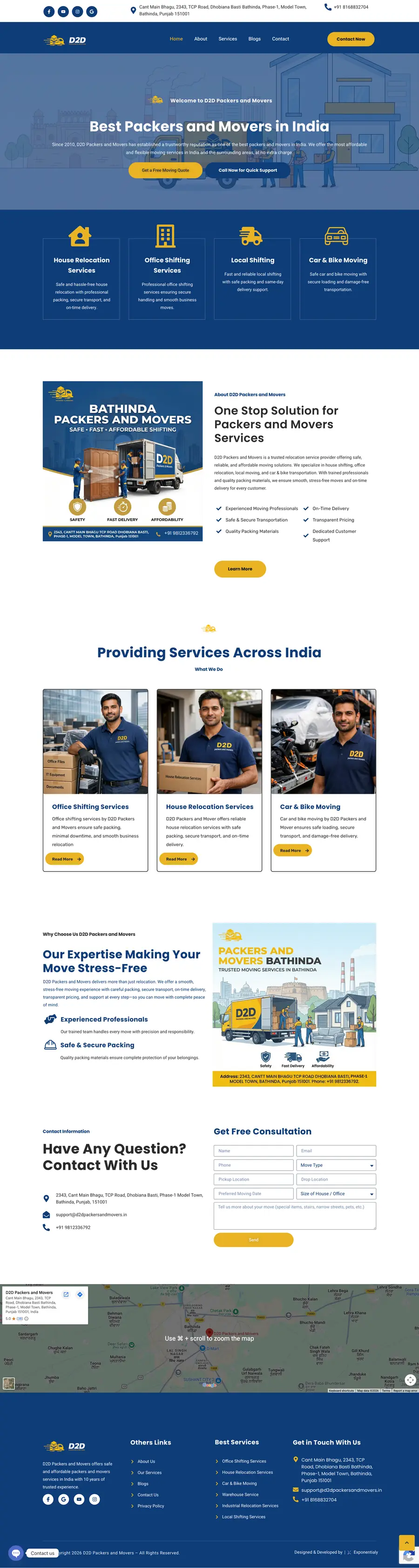 Full-page screenshot of the D2D Packers and Movers website