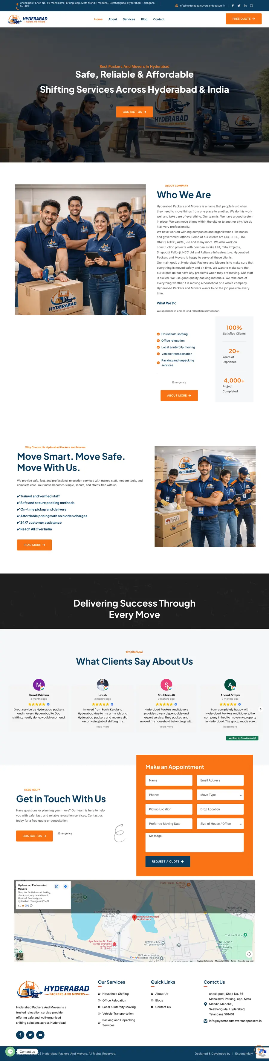 Full-page screenshot of the Hyderabad Packers and Movers website