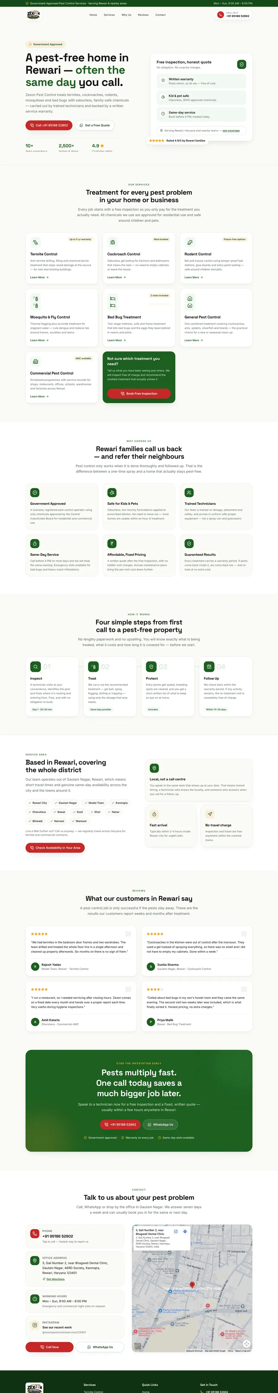 Full-page screenshot of the Zexon Pest Control landing page