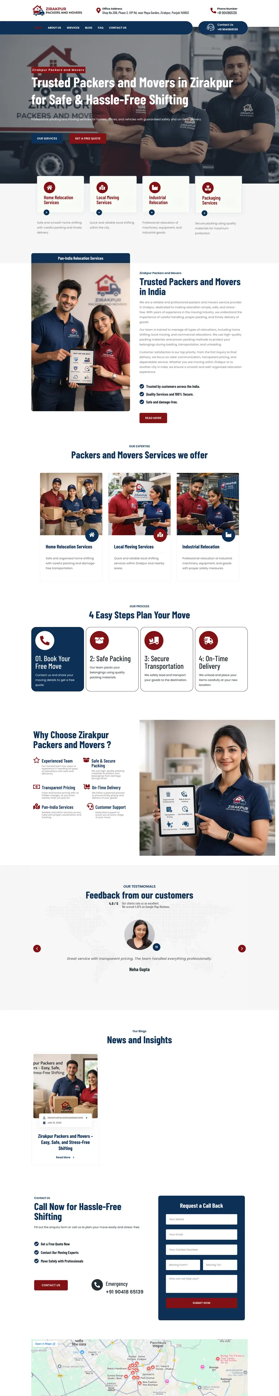 Full-page screenshot of the Zirakpur Packers and Movers website